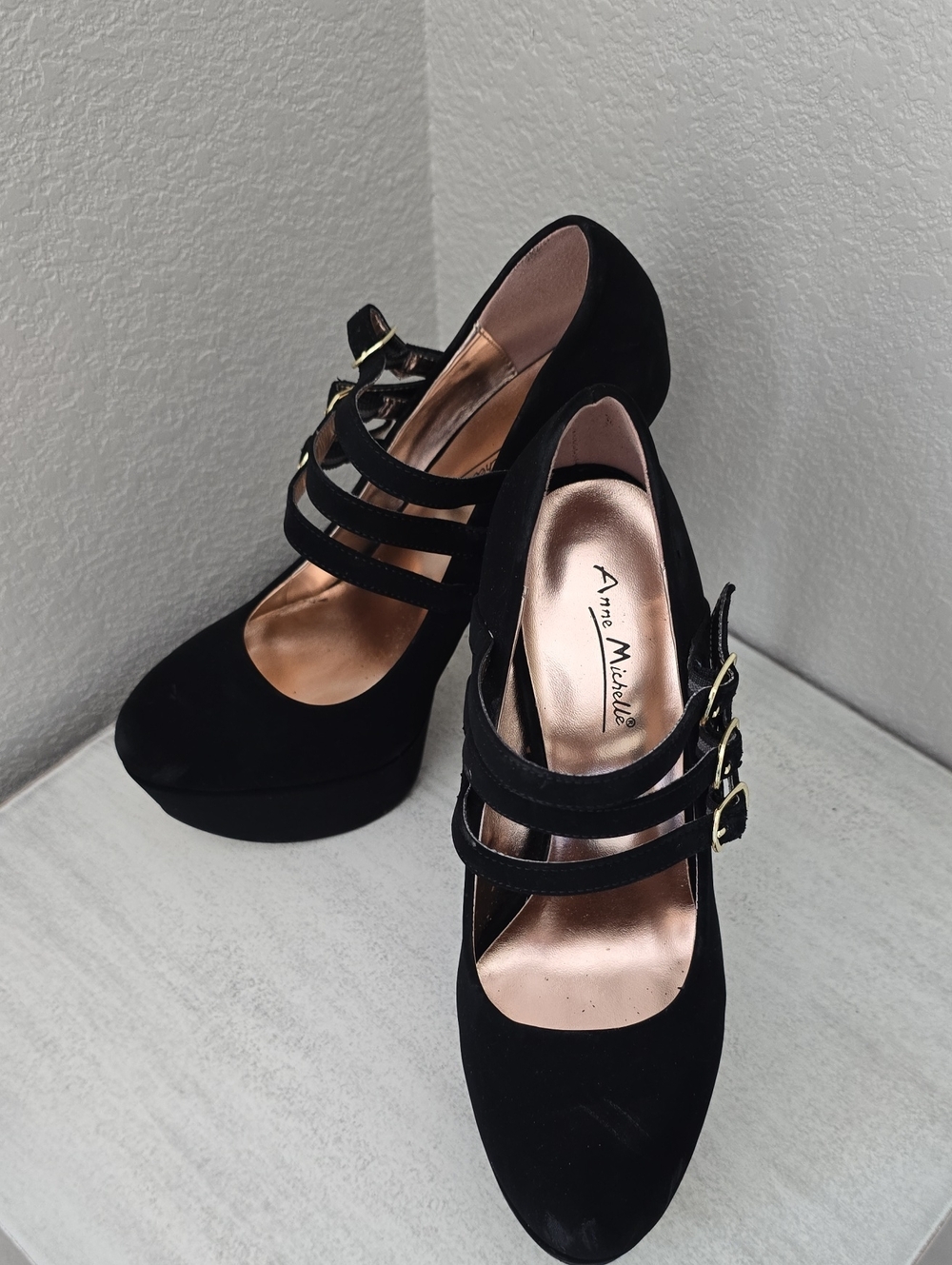 Anne Michelle Black Triple-Strap Platform Heels
